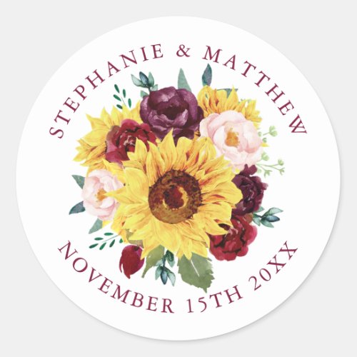 Sunflower Burgundy Floral Wedding Classic Round Sticker