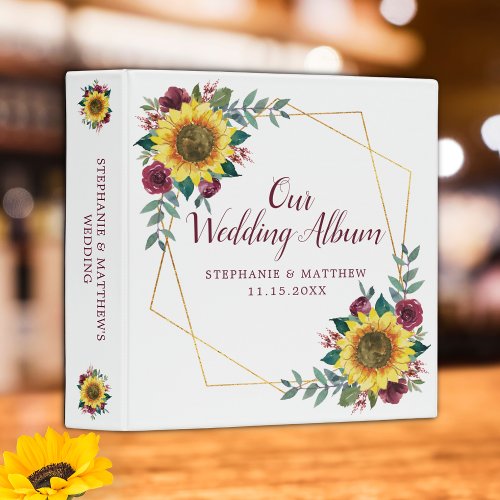 Sunflower Burgundy Floral Wedding Photo Album 3 Ring Binder