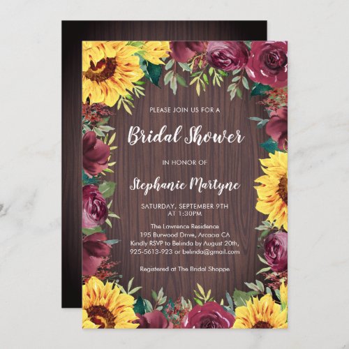 Sunflower Burgundy Floral Wood Bridal Shower Invitation