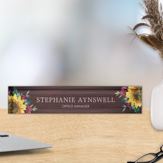 Sunflower Burgundy Floral Wood Grain Desk Name Plate (Creator Uploaded)