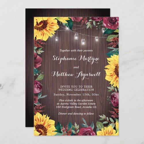 Sunflower Burgundy Floral Wood Jar Lights Wedding Invitation