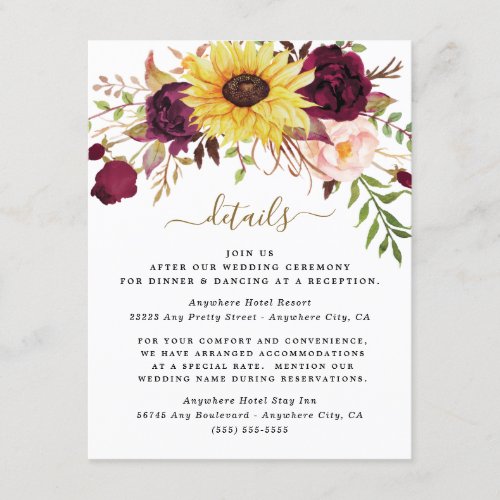 Sunflower Burgundy Gold Blush Peony Rose Wedding Enclosure Card