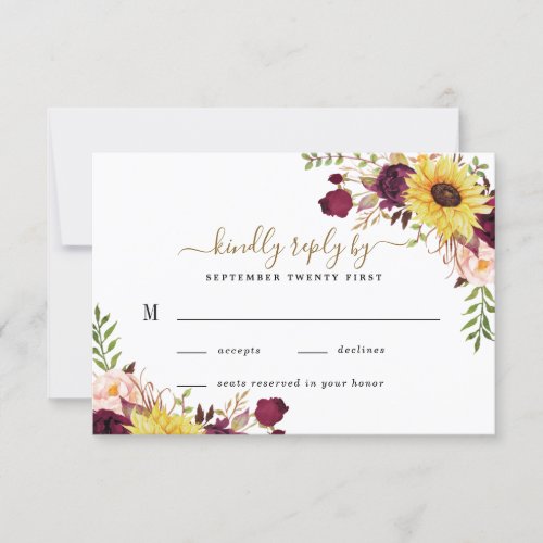 Sunflower Burgundy Gold Blush Peony Rose Wedding RSVP Card