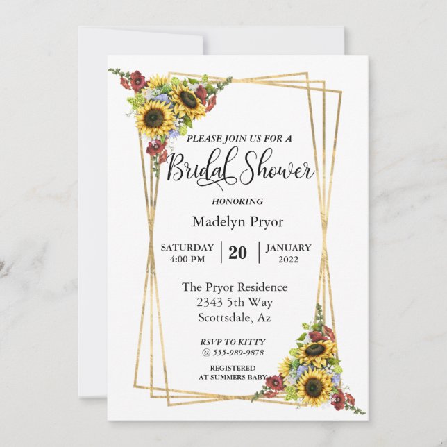 Sunflower Burgundy Gold Frame Bridal Shower Invitation (Front)