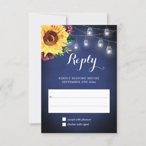 Sunflower Burgundy Jar Lights Floral Navy Wedding RSVP Card