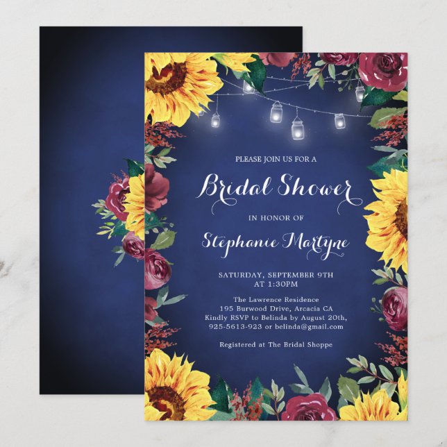 Sunflower Burgundy Jar Lights Navy Bridal Shower Invitation (Front/Back)