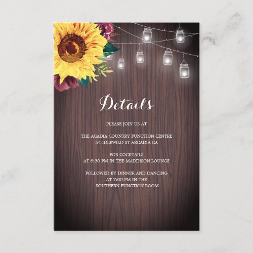 Sunflower Burgundy Jar Lights Wedding Details Enclosure Card