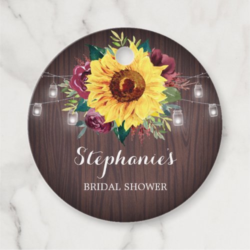 Sunflower Burgundy Jar Wood Bridal Shower Favor Tags