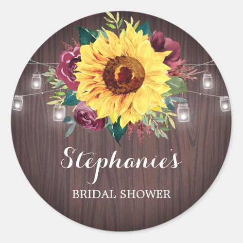 Sunflower Burgundy Jars Wood Bridal Shower Classic Round Sticker