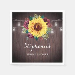 Sunflower Burgundy Jars Wood Bridal Shower Napkins