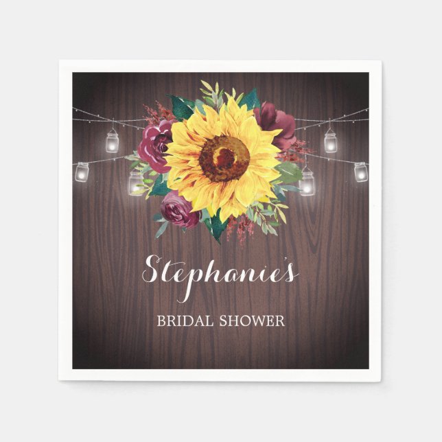 Sunflower Burgundy Jars Wood Bridal Shower Napkins (Front)