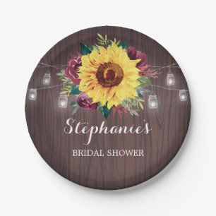 Sunflower Burgundy Jars Wood Bridal Shower Paper Plates