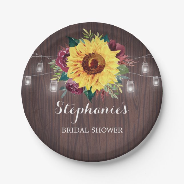 Sunflower Burgundy Jars Wood Bridal Shower Paper Plates (Front)