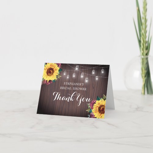 Sunflower Burgundy Jars Wood Bridal Shower Thanks Thank You Card