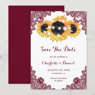 Sunflower Burgundy Lace Wedding Save The Date