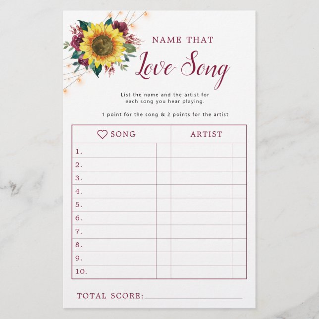 Sunflower Burgundy Lights Bridal Shower Song Game (Front)