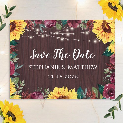 Sunflower Burgundy Lights Wood Wedding Save The Date