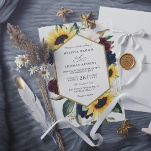 Sunflower Burgundy Navy Blue QR Code Wedding Invitation