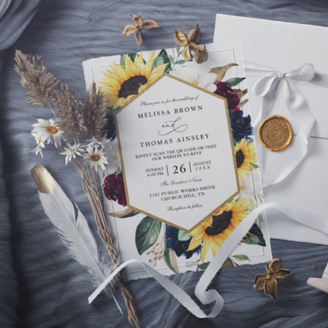 Sunflower Burgundy Navy Blue QR Code Wedding Invitation (Creator Uploaded)