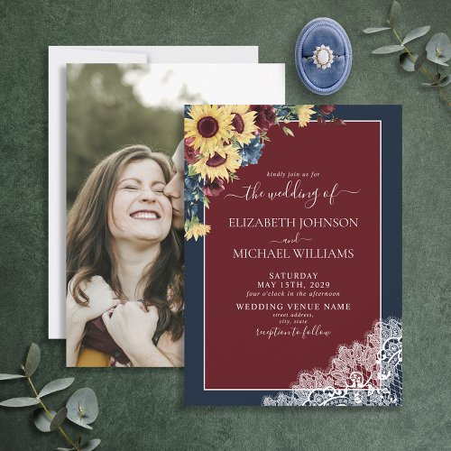 Sunflower Burgundy Navy Blue Script Photo Wedding Invitation