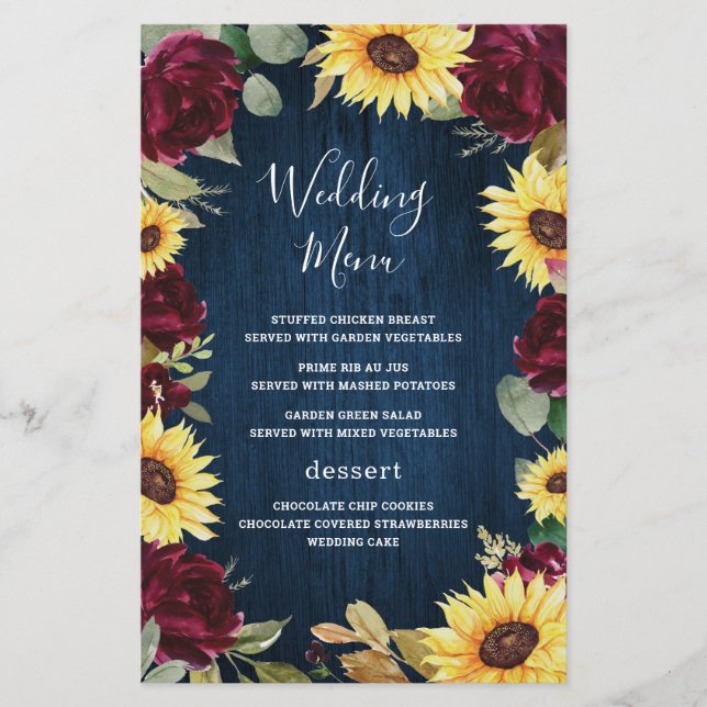 Sunflower Burgundy Navy Blue Wedding Menu Cards (Front)