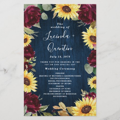 Sunflower Burgundy Navy Blue Wedding Programs
