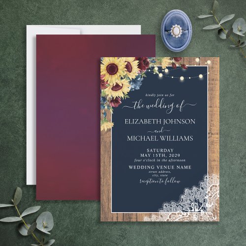 Sunflower Burgundy Navy Blue Wood Lace Wedding Inv Invitation