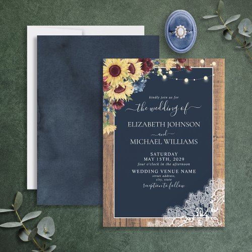 Sunflower Burgundy Navy Blue Wood Lace Wedding Invitation