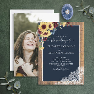 Sunflower Burgundy Navy Blue Wood Photo Wedding Invitation