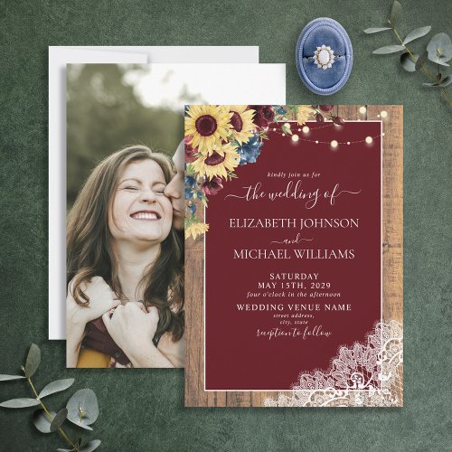 Sunflower Burgundy Navy Blue Wood Photo Wedding Invitation