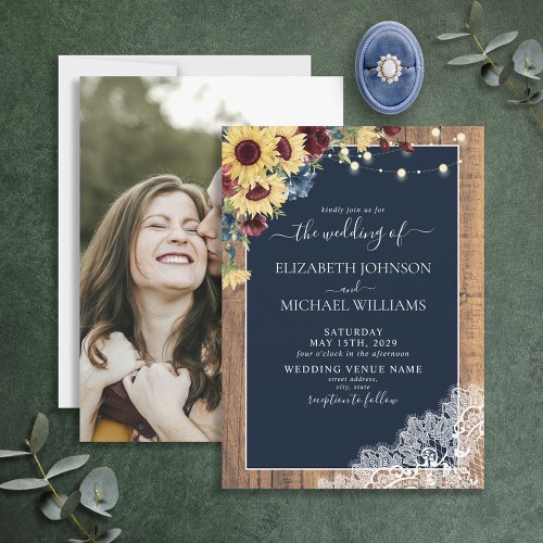 Sunflower Burgundy Navy Blue Wood Photo Wedding Invitation