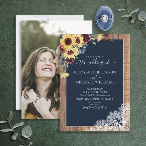 Sunflower Burgundy Navy Blue Wood Photo Wedding  Invitation