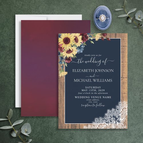 Sunflower Burgundy Navy Blue Wood Script Wedding  Invitation