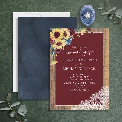Sunflower Burgundy Navy Blue Wood Script Wedding Invitation