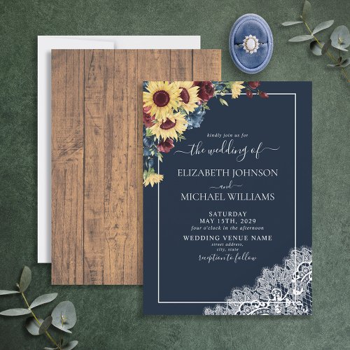 Sunflower Burgundy Navy Blue Wood Script Wedding  Invitation