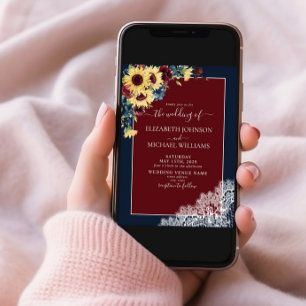 Sunflower Burgundy Navy Blue Wood Script Wedding  Invitation