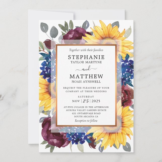 Sunflower Burgundy Navy Floral Border Fall Wedding Invitation (Front)