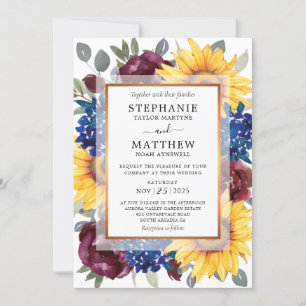 Sunflower Burgundy Navy Floral Border Fall Wedding Invitation