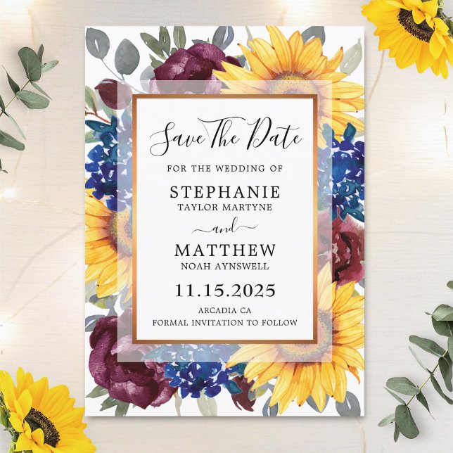 Sunflower Burgundy Navy Floral Border Wedding Save The Date (Creator Uploaded)