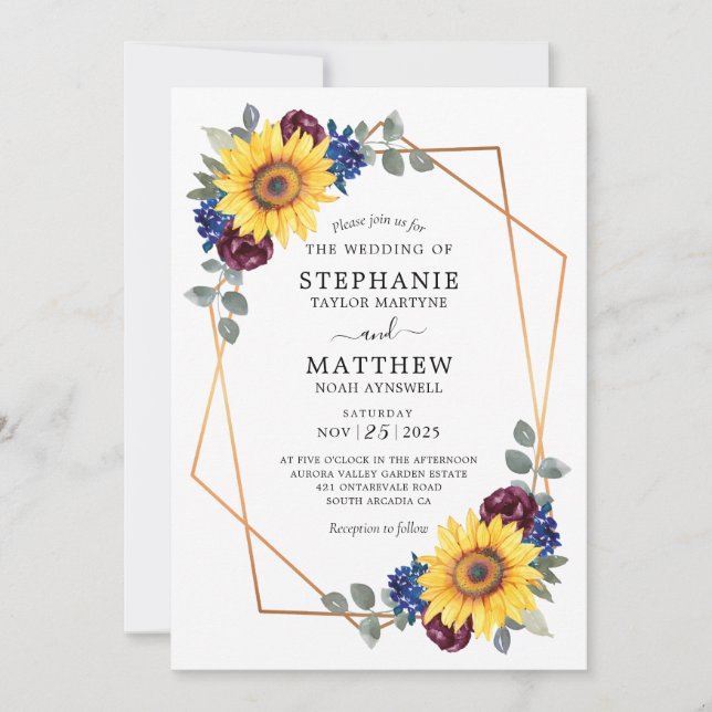 Sunflower Burgundy Navy Floral Geometric Wedding Invitation (Front)