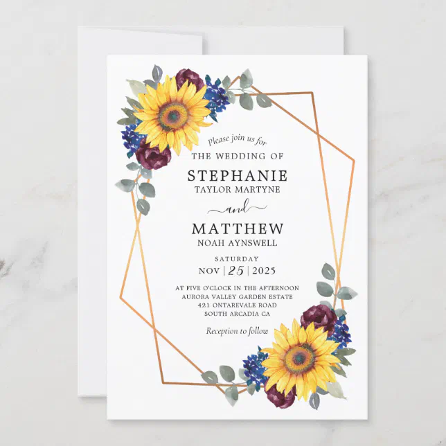 Sunflower Burgundy Navy Floral Geometric Wedding Invitation | Zazzle