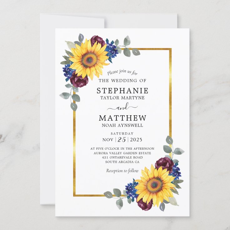 Sunflower Burgundy Navy Floral Gold Border Wedding Invitation | Zazzle