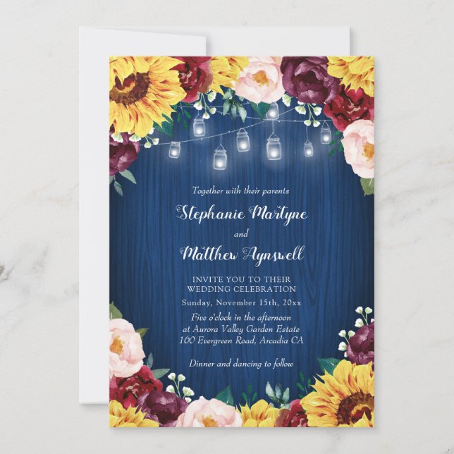 Sunflower Burgundy Navy Jars Lights Floral Wedding Invitation (Front)