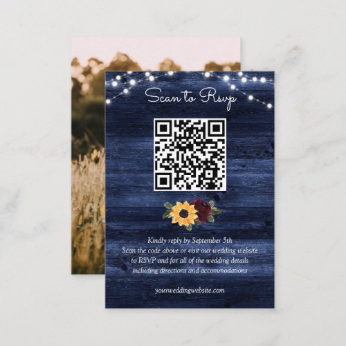 Sunflower Burgundy Navy Wood Wedding QR Code RSVP Enclosure Card