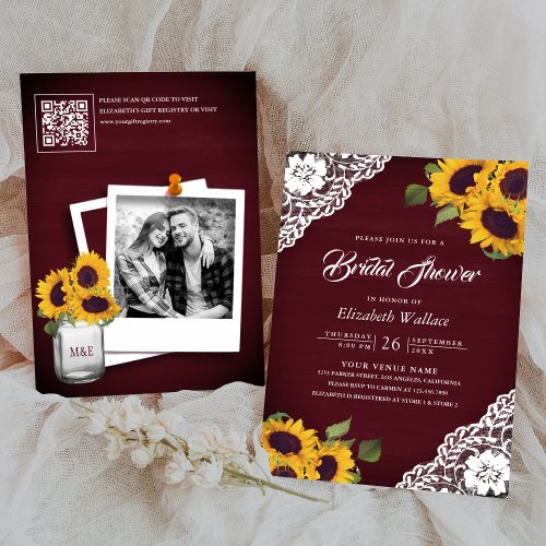 Sunflower Burgundy Photo QR Code Bridal Shower Invitation