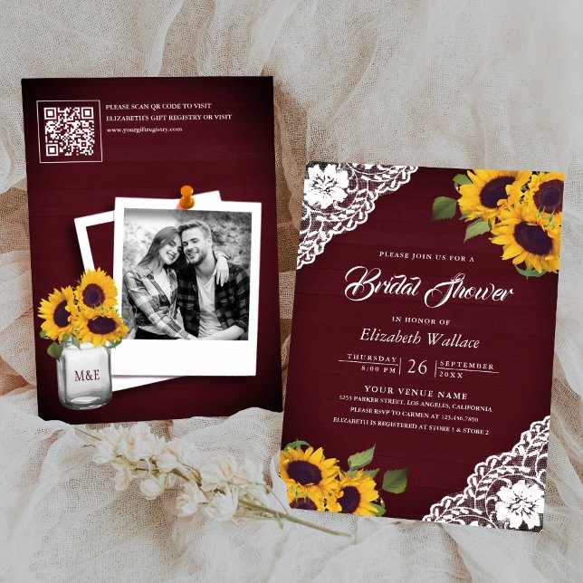 Sunflower Burgundy Photo QR Code Bridal Shower Invitation (Creator Uploaded)