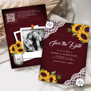 Sunflower Burgundy Photo QR Code Wedding Save The Date