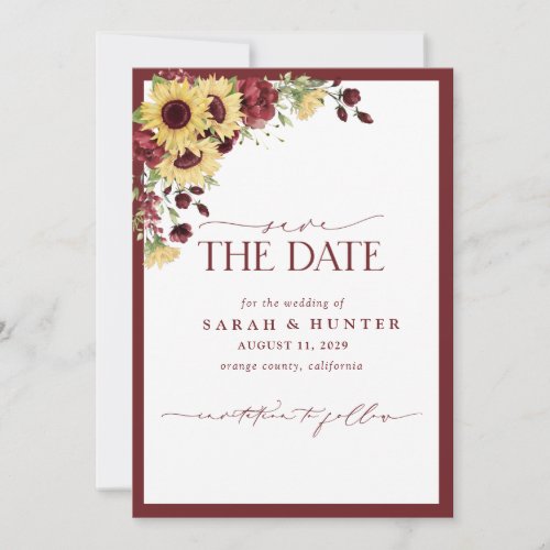 Sunflower Burgundy Photo Wedding Save The Date