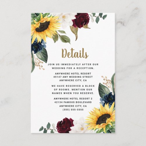 Sunflower Burgundy Red and Navy Blue Roses Wedding