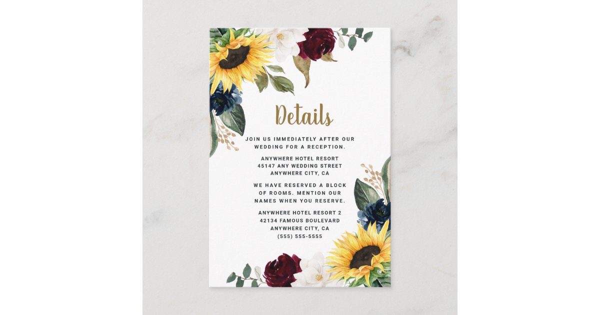 Sunflower Burgundy Red and Navy Blue Roses Wedding Enclosure Card | Zazzle